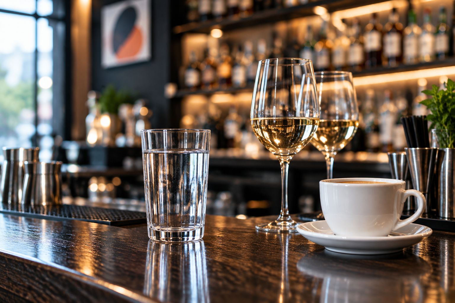 Bartender station with a water glass next to wine and coffee glasses