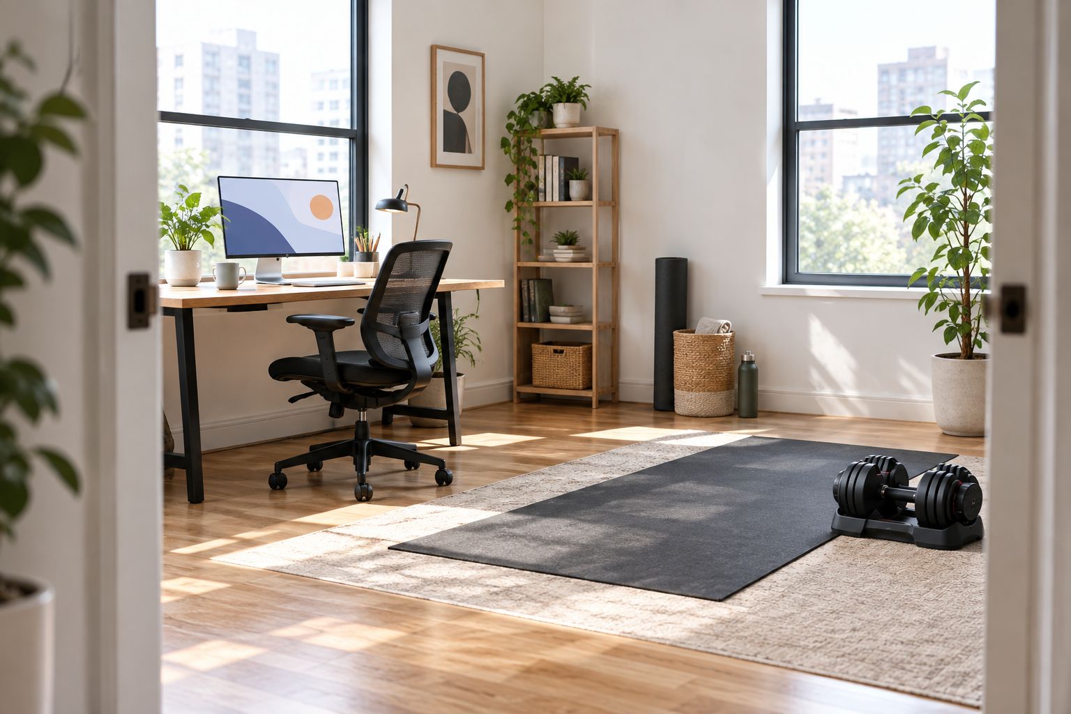 Home office with a clear exercise area separated from the desk and walking route