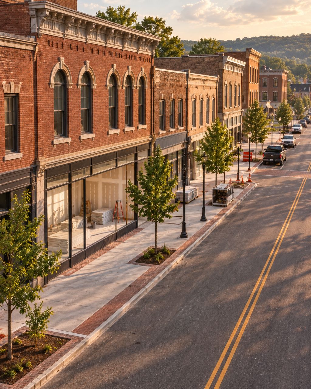 AI-generated illustrative streetscape with a commercial drywall renovation; not a Northeast Drywall project photograph.