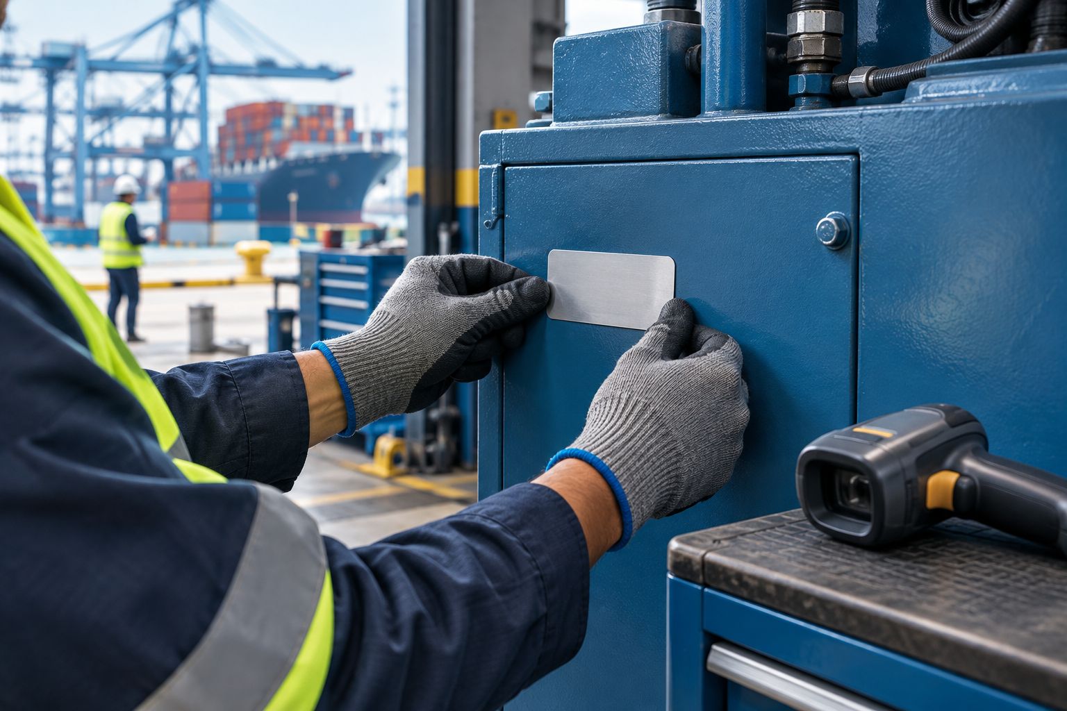 Applying a silver adhesive label to a clean equipment panel in a maintenance workshop