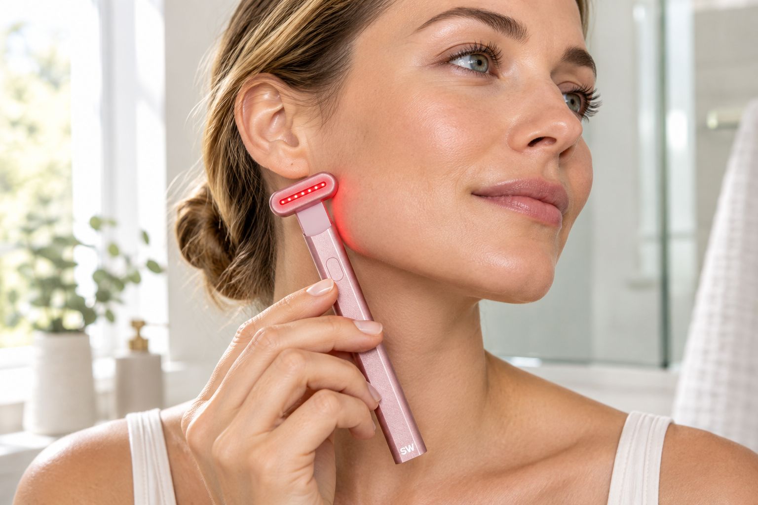 Handheld red light therapy wand used along the jawline