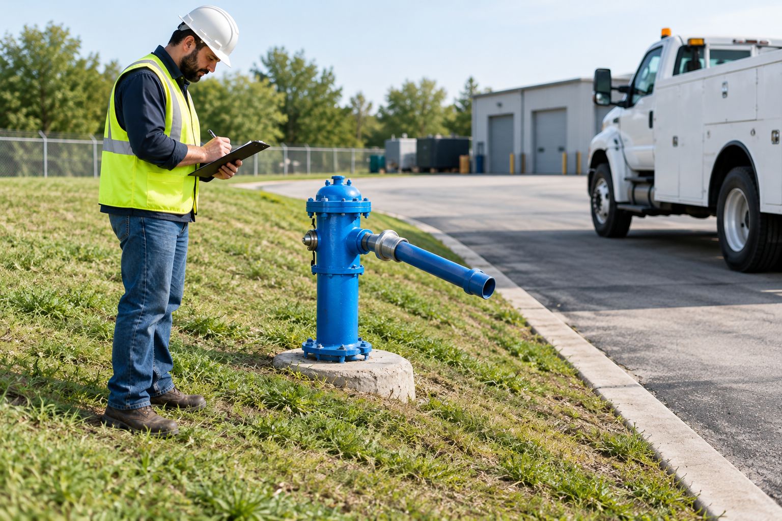Technician inspecting an outdoor yard hydrant beside a utility maintenance yard