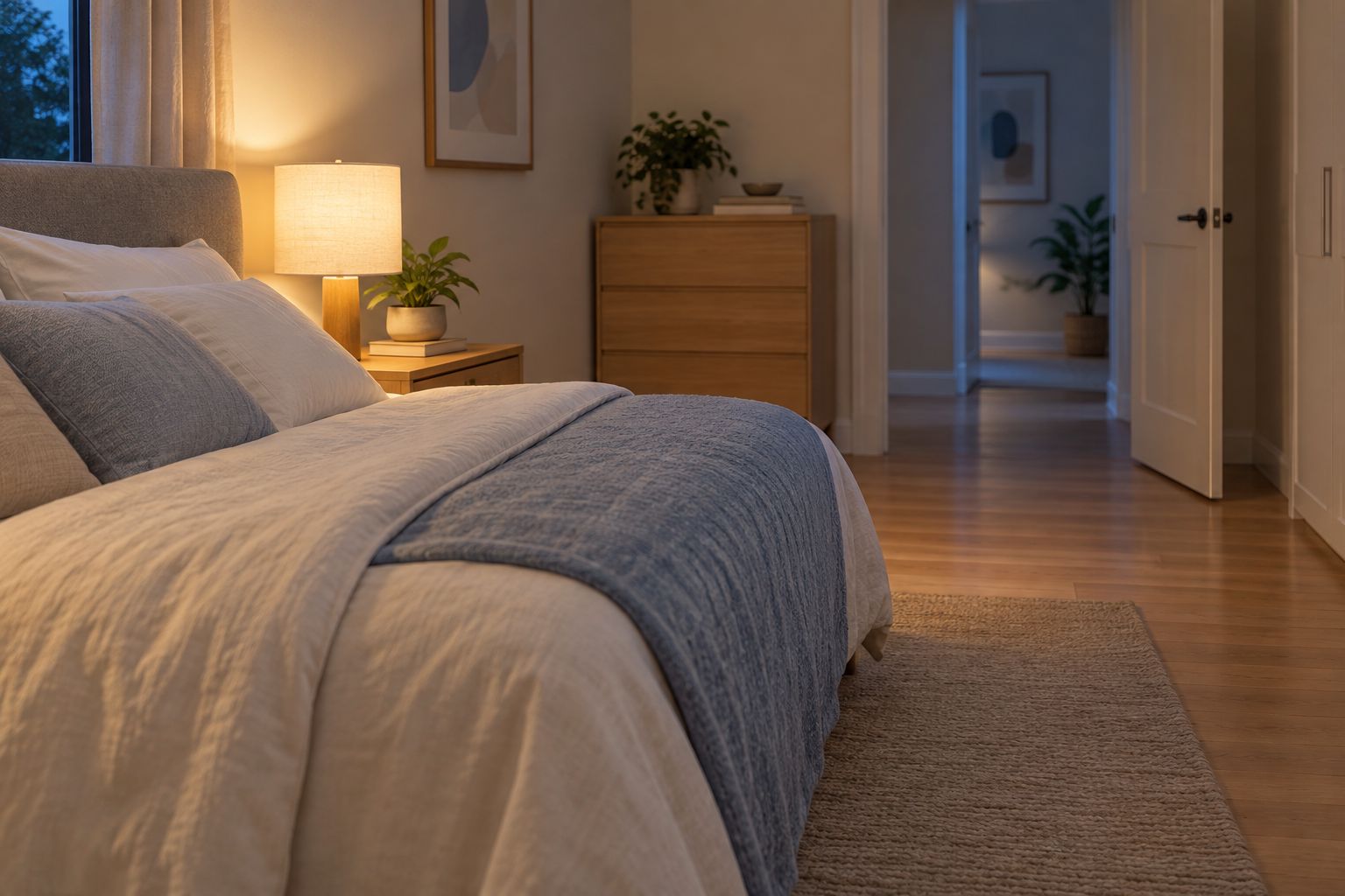 dormitorio con ropa de cama sencilla y un paso despejado junto a la cama