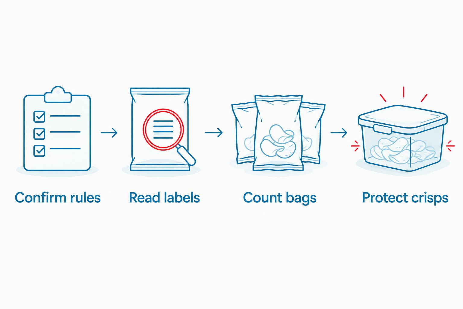 Four classroom snack packing steps: confirm rules, read labels, count bags, and protect crisps.