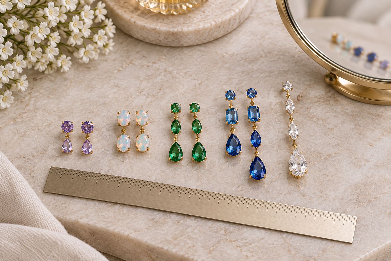 Gemstone drop earrings of different lengths beside a ruler and a small mirror