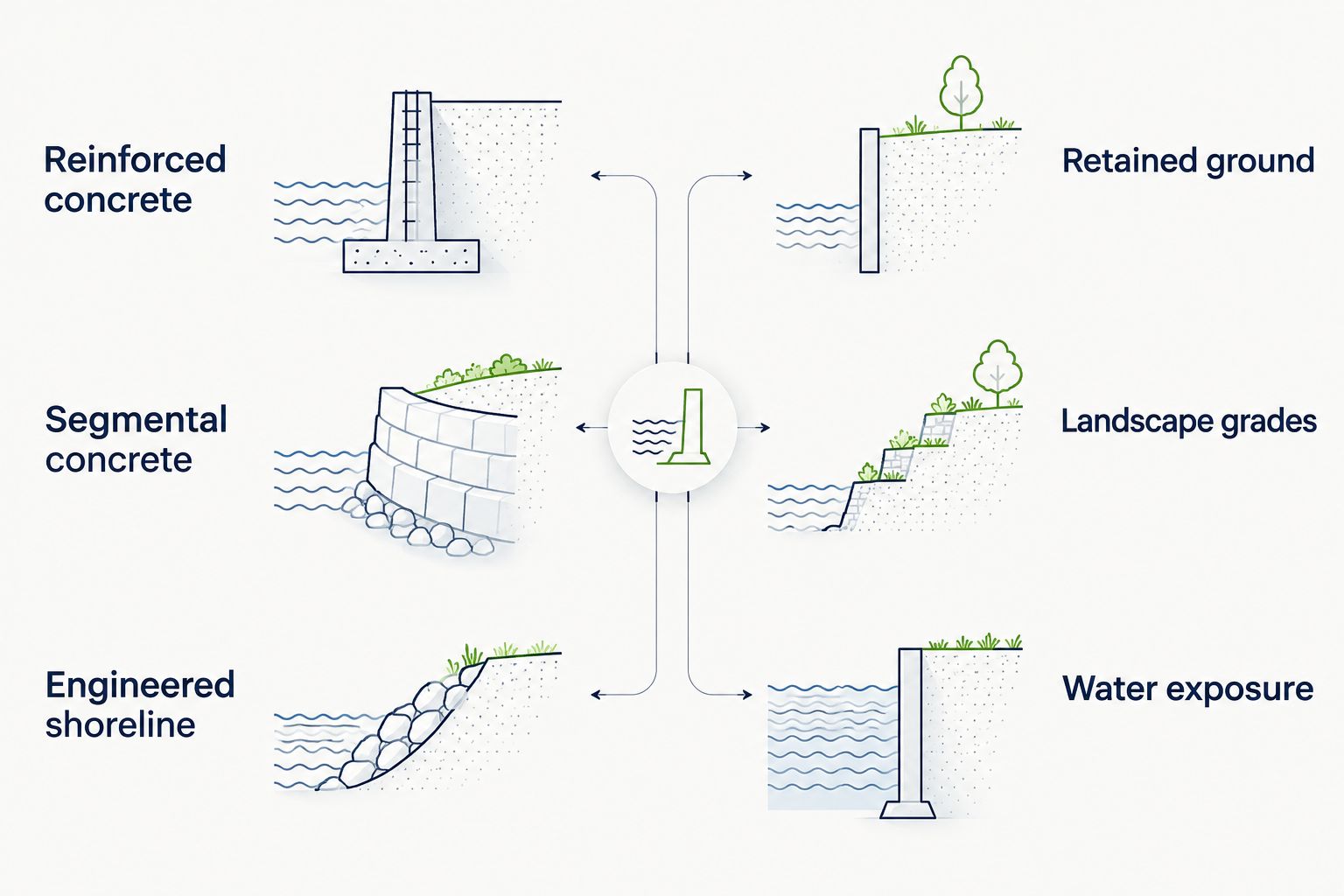 Three wall approaches compared by retained ground, landscape grades, and water exposure