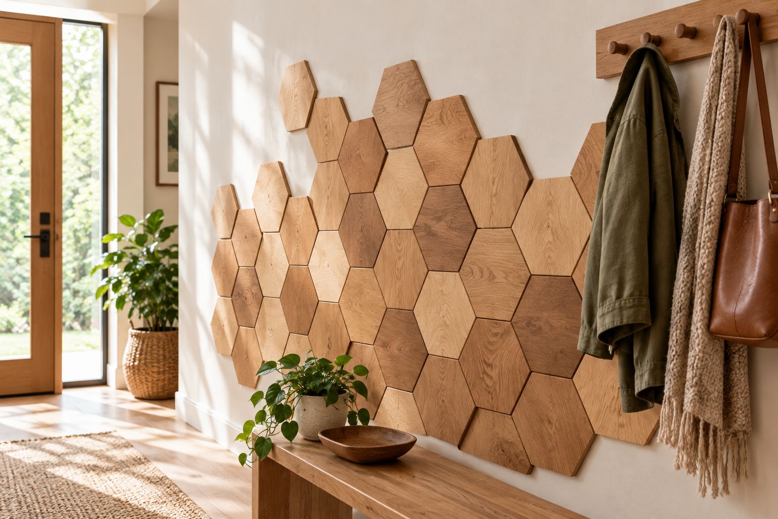 Mur d'entrée habillé de panneaux hexagonaux en bois clair