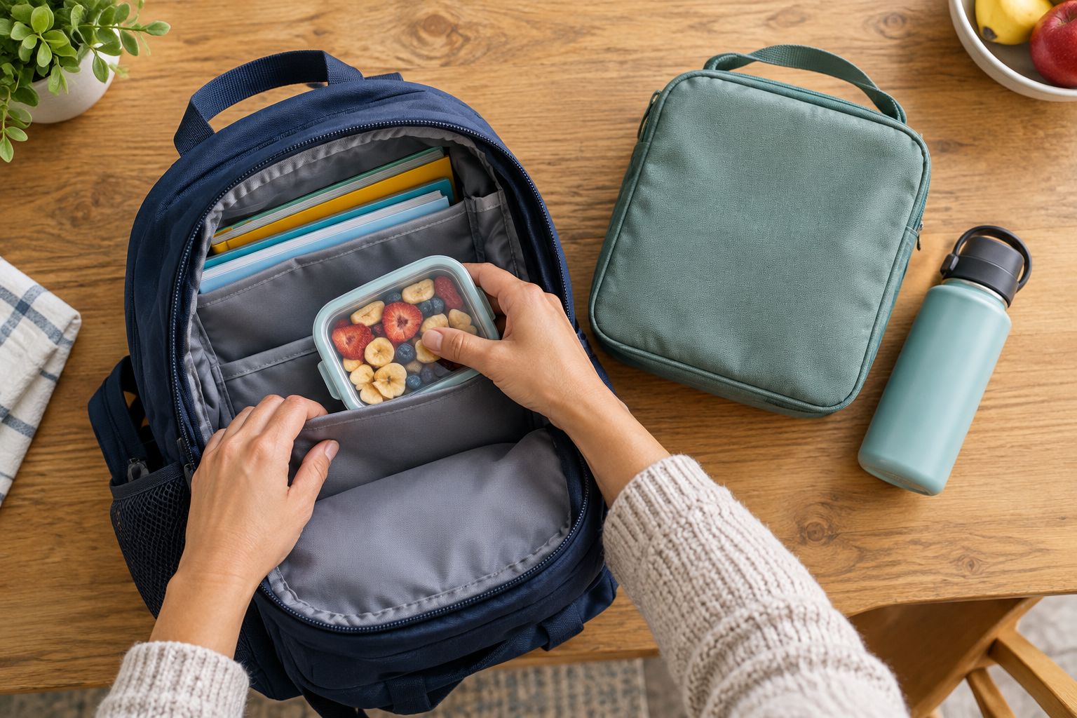 Parent placing protected fruit crisps in an accessible backpack compartment