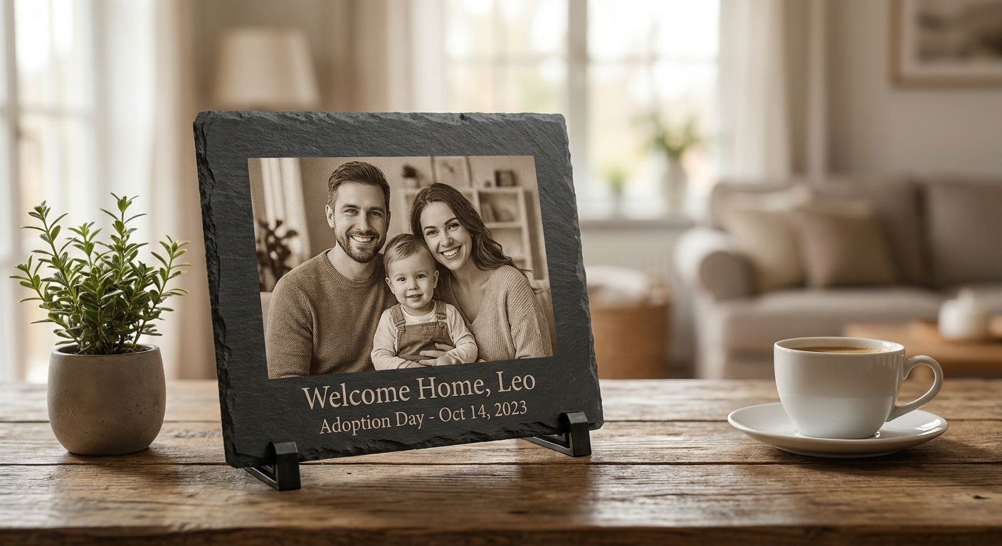 Slate photo keepsakes for adoption announcements