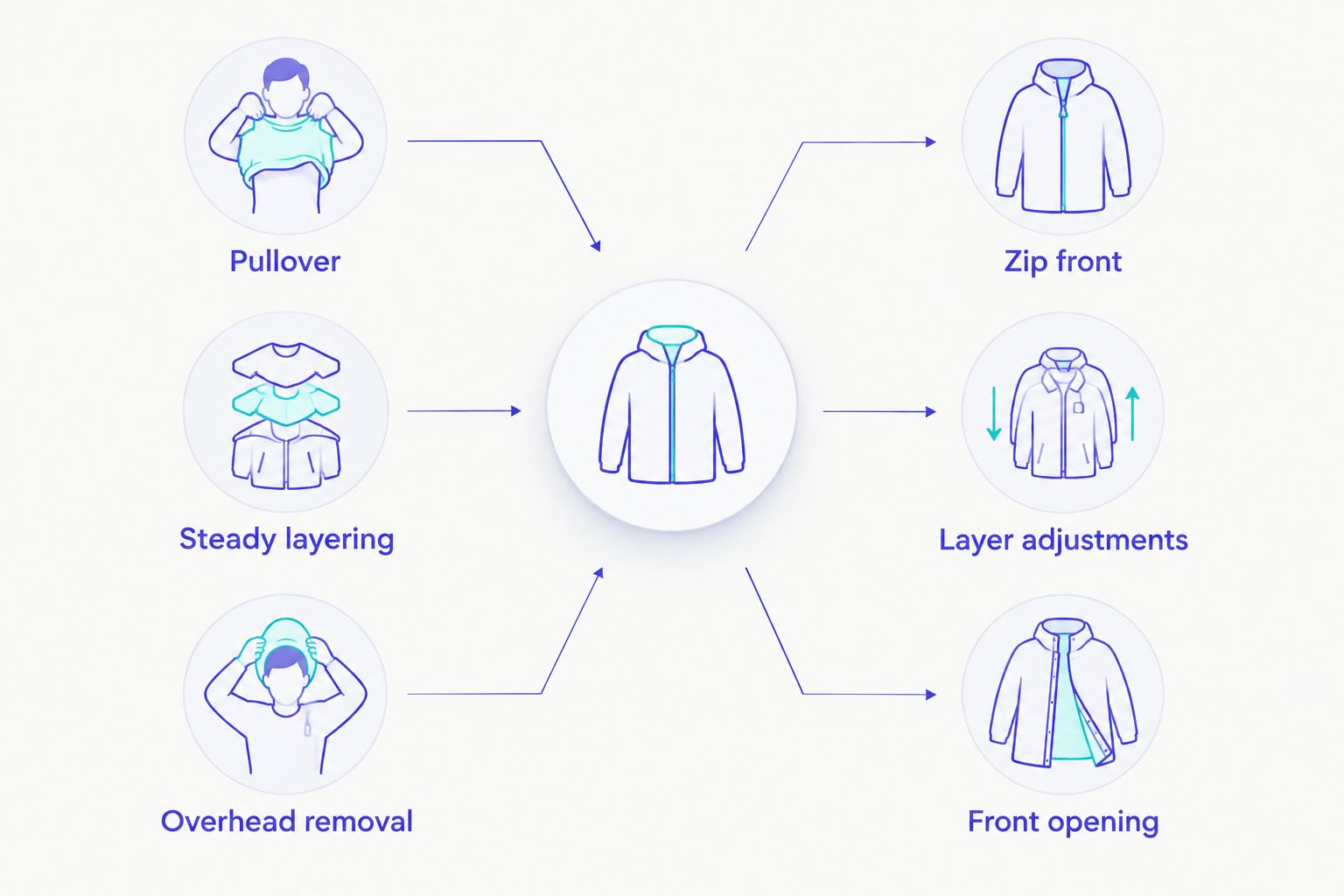 Pullover and zip-front hoodie comparison showing layering and removal differences
