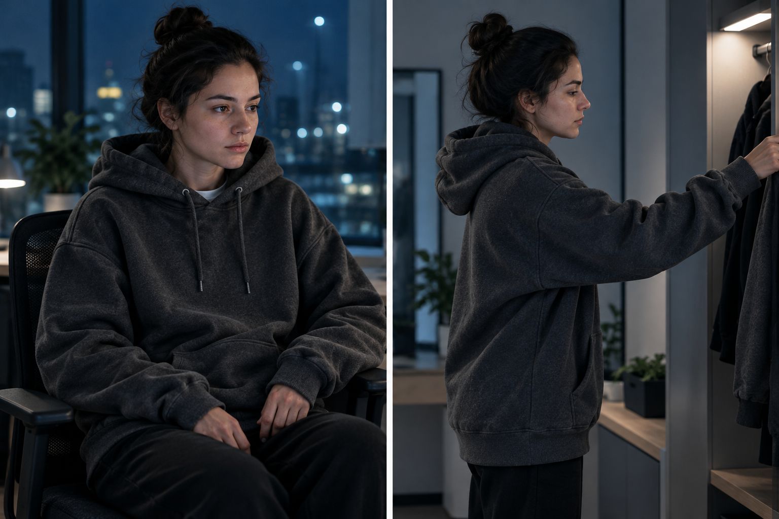 Checking a hoodie’s sleeves, hem, and hood while sitting and reaching