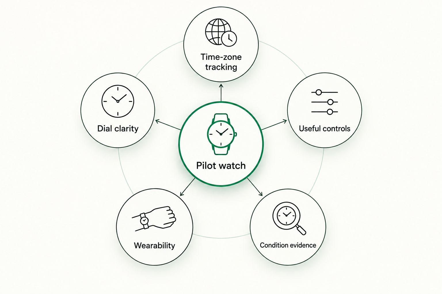 Five criteria for choosing a pilot’s watch: functions, readability, controls, fit and condition.