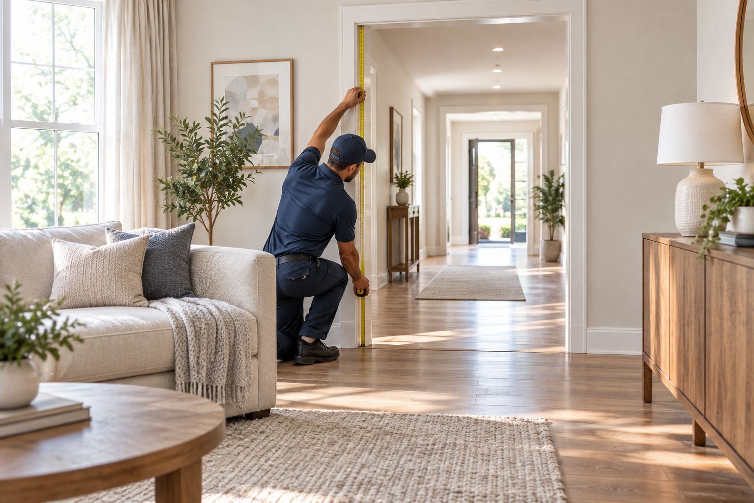A doorway being measured beside a clear corridor before sofa delivery