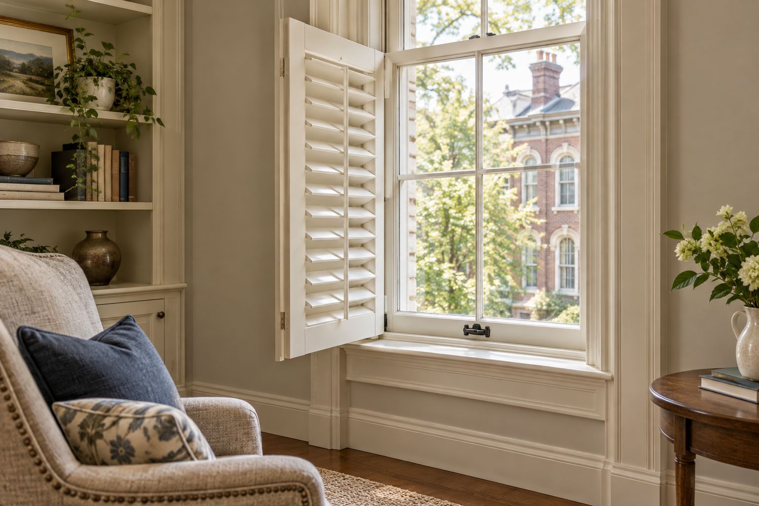 Open interior shutter beside detailed window casing, with the latch and nearby chair visible.