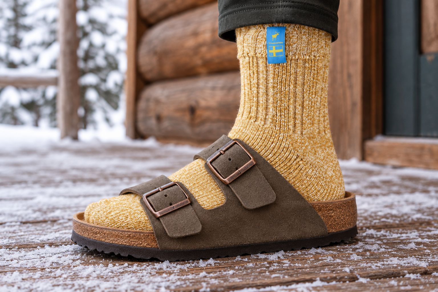 Wool-blend sock worn with a strap sandal on a snowy cabin porch