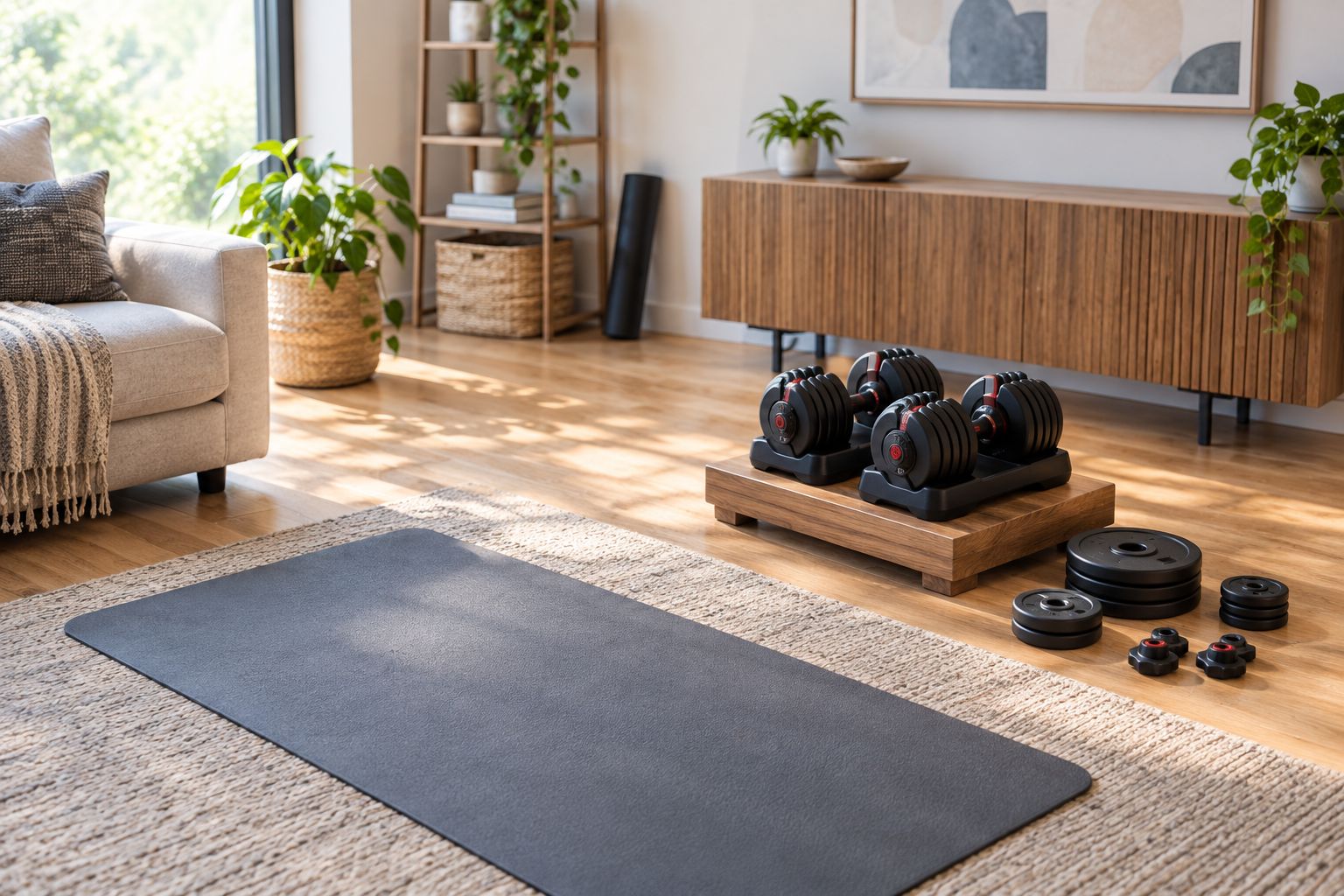 Adjustable dumbbells beside a clear mat, with weight components outside the exercise area