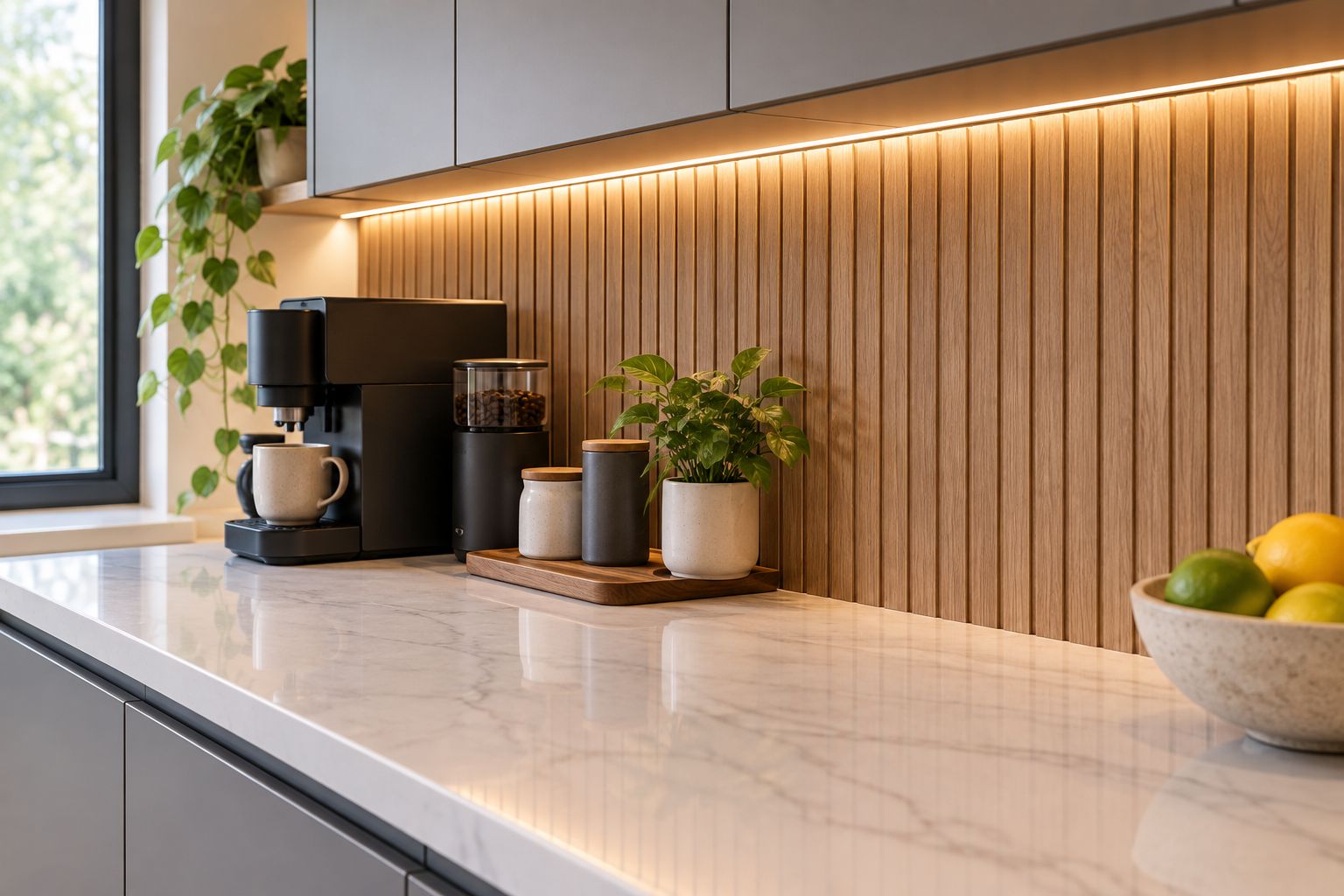 Under-cabinet lighting illuminating decorative wood panel joints above a dry coffee station