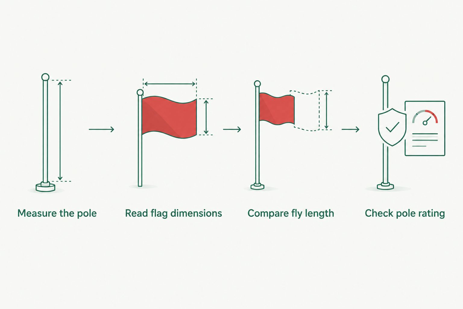 Steps for measuring pole height, reading flag dimensions and checking pole specifications
