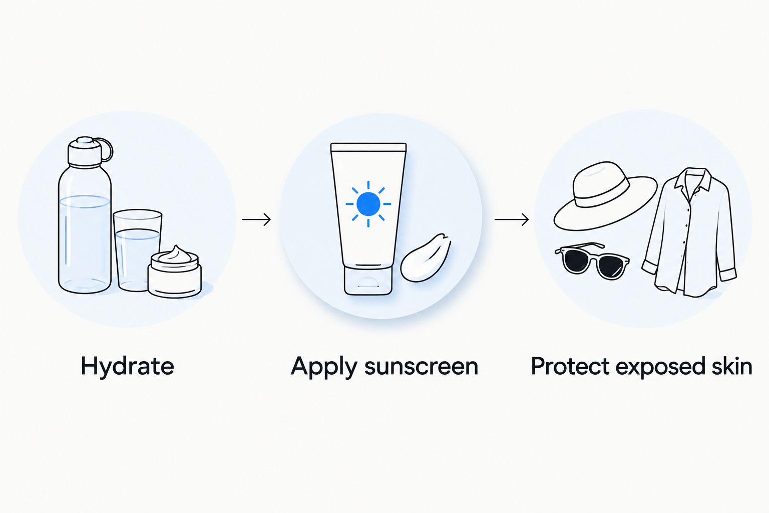 Routine order showing hydration, sunscreen application, and protection of exposed skin