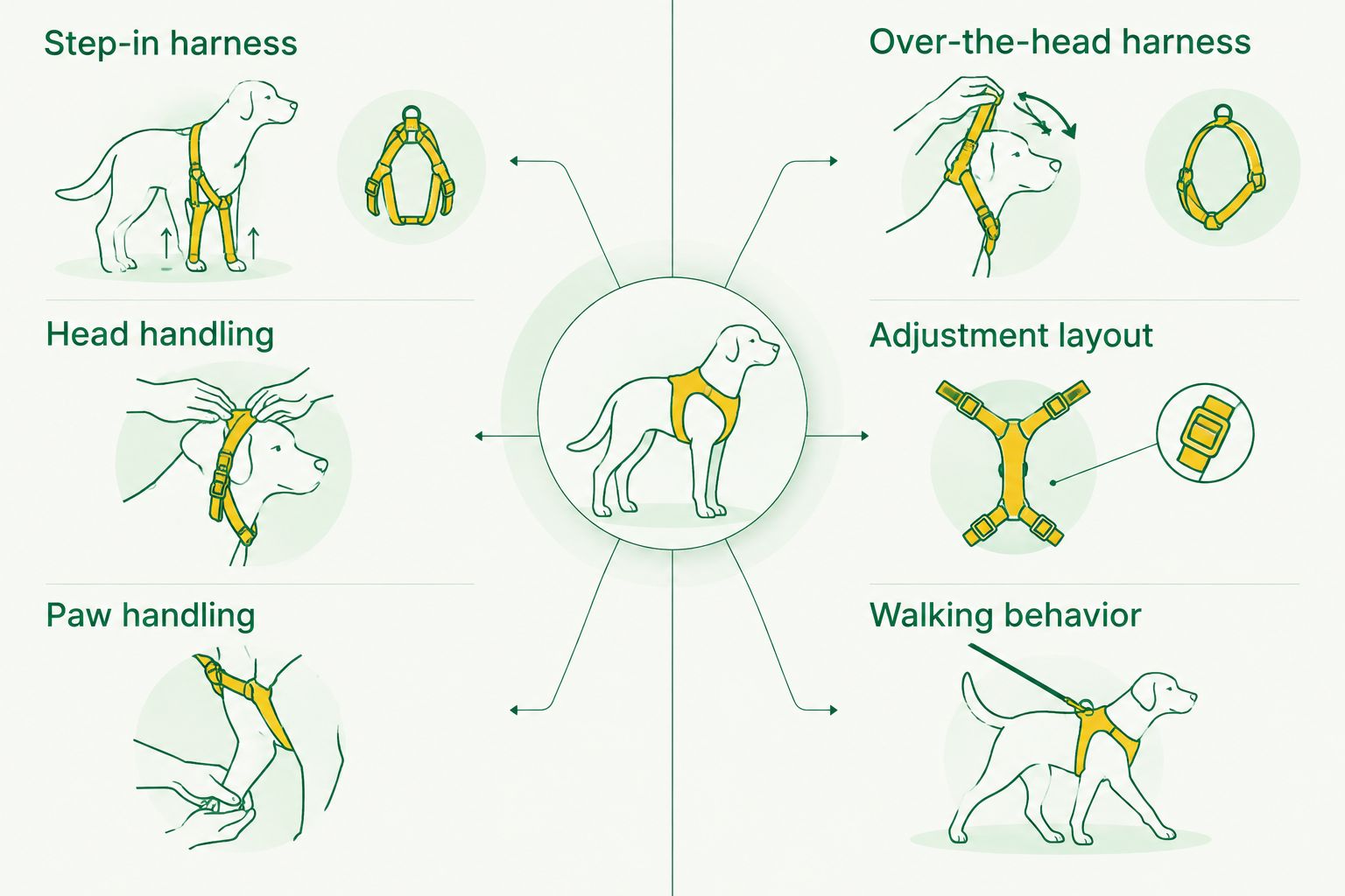 Step-in and over-the-head harness comparison highlighting handling, adjustment, and walking behavior