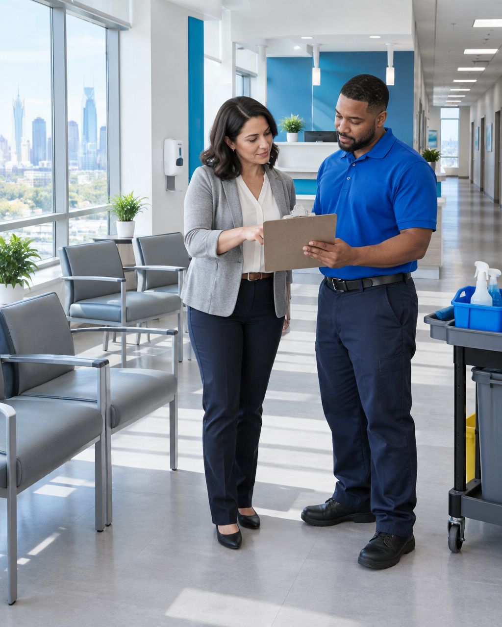 Illustration of a practice manager and cleaning supervisor discussing non-clinical cleaning tasks in an empty medical waiting area.