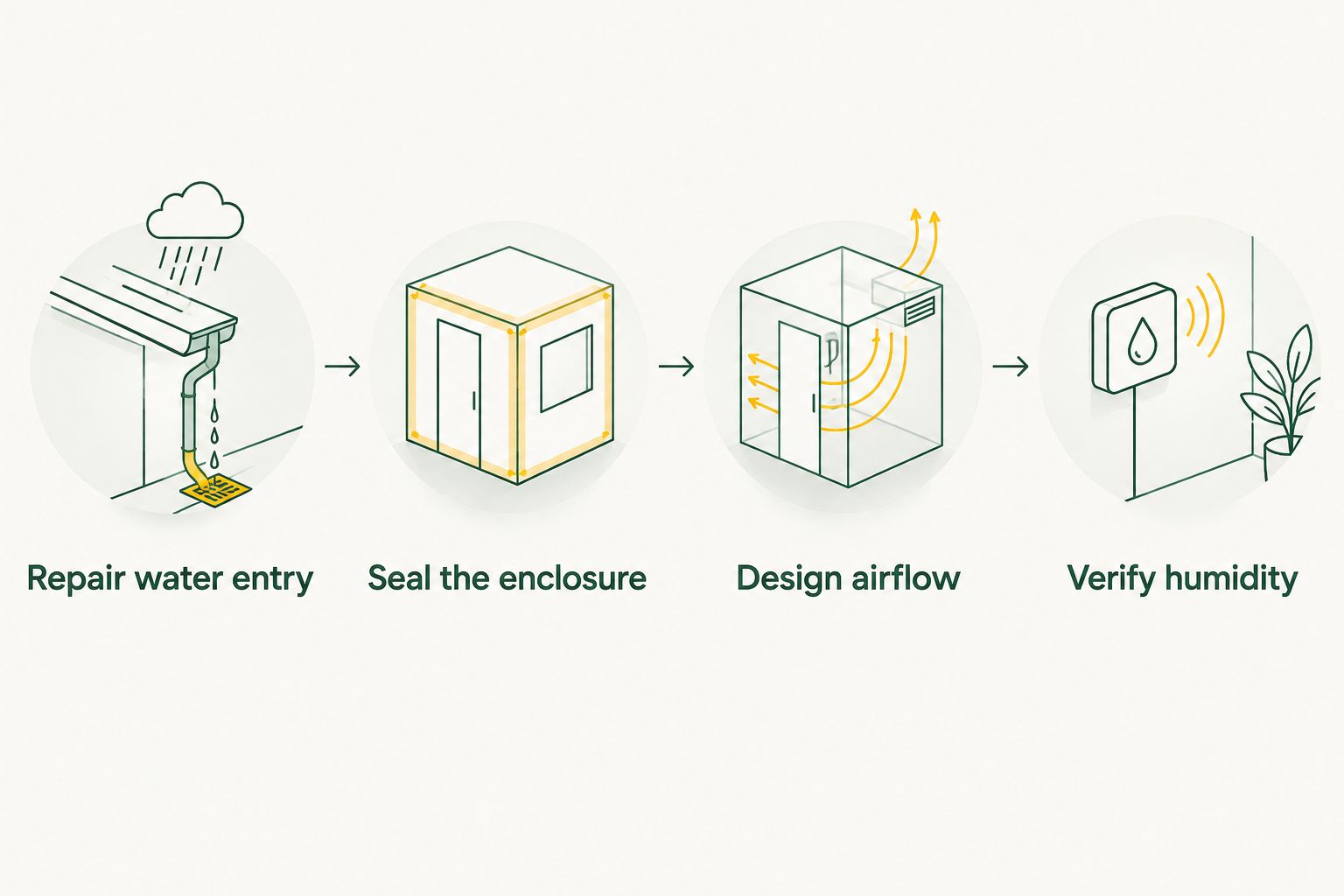 Four stages connecting water repair, enclosure sealing, airflow design, and humidity verification