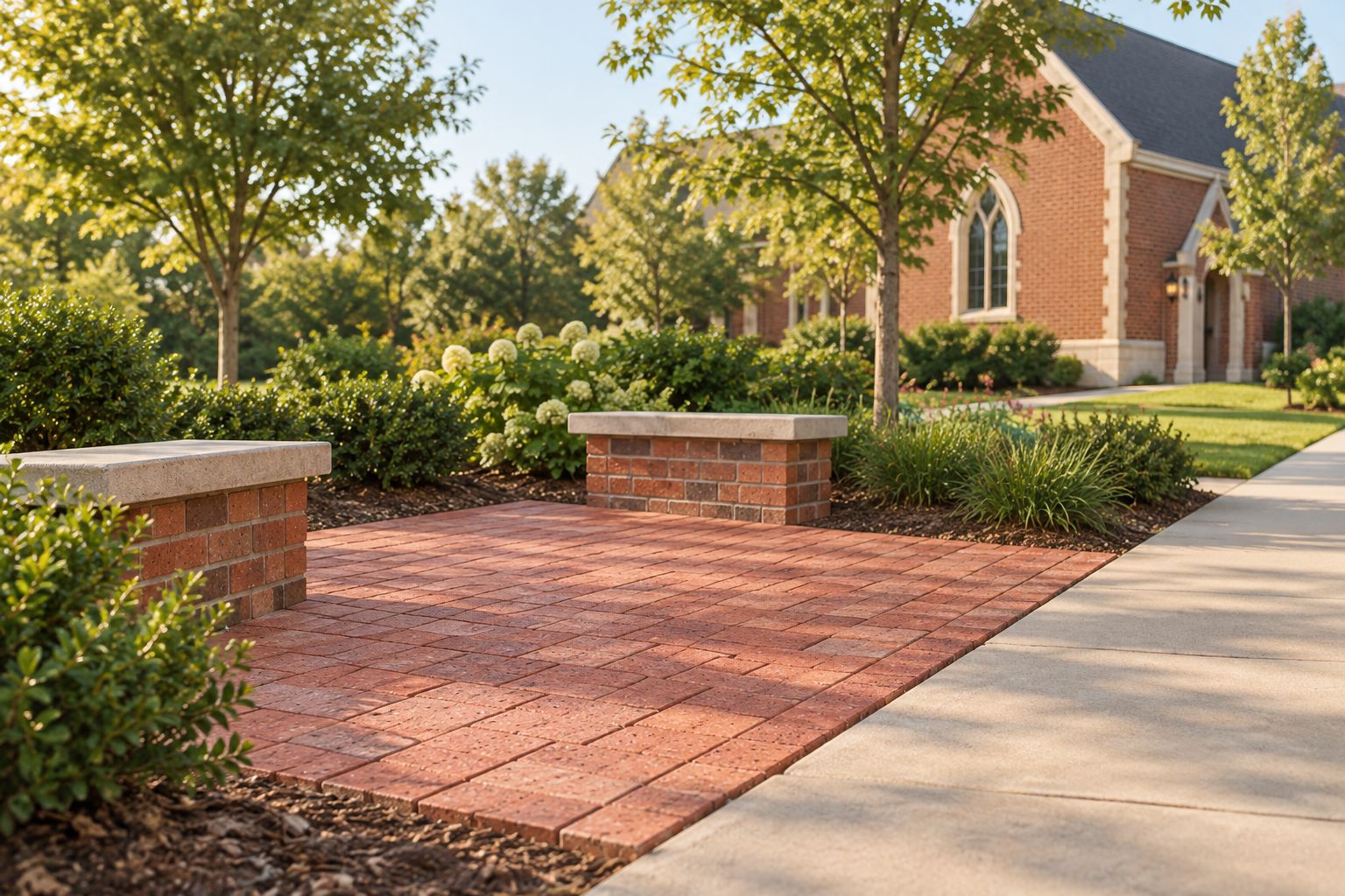 Brick gathering area beside a church garden with a visible transition to an adjoining walkway