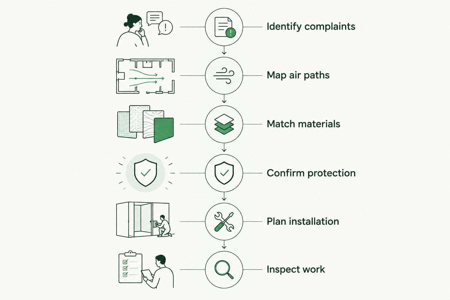 Restaurant insulation planning sequence from diagnosing complaints to inspecting completed work