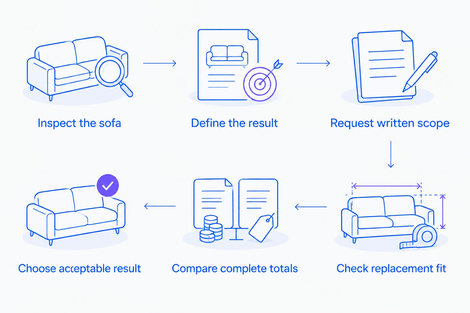 Decision sequence from inspecting an existing sofa to comparing complete restoration and replacement proposals