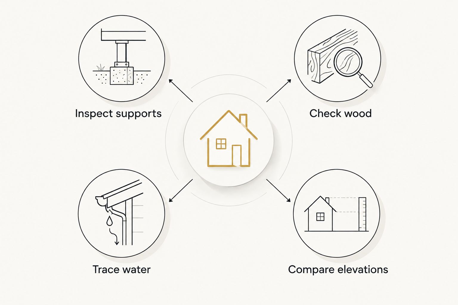 Four inspection checks: supports, structural wood, water sources and floor elevations.