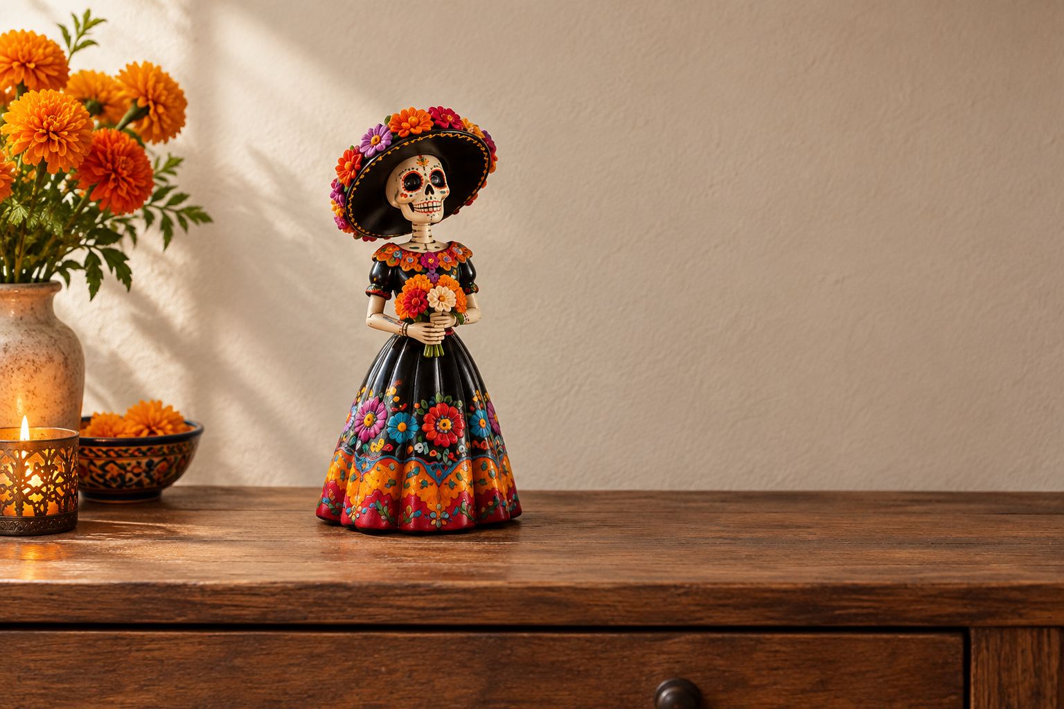 Dressed skeleton figurine on a console with clear space around its hat and base