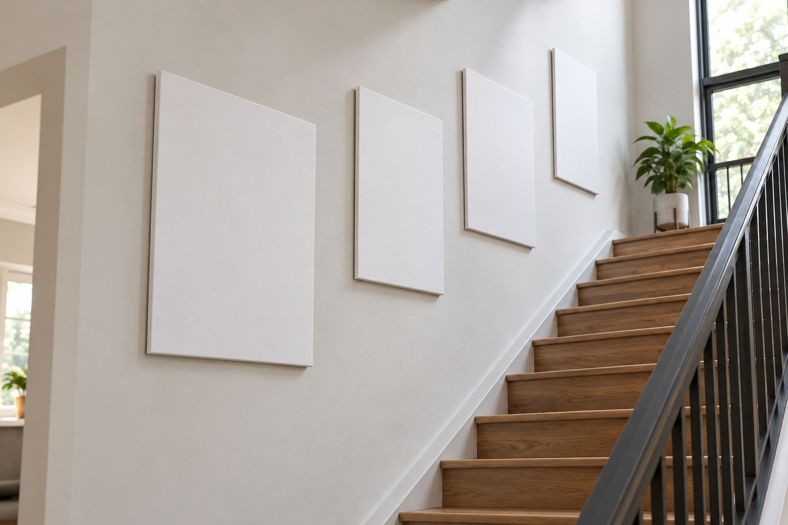 Blank paper templates arranged above a stair handrail to test a rising photo gallery