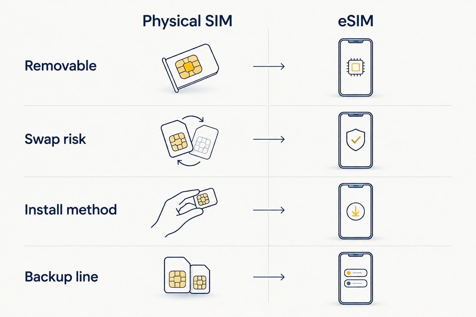 Two column diagram comparing physical SIM and eSIM across four security factors