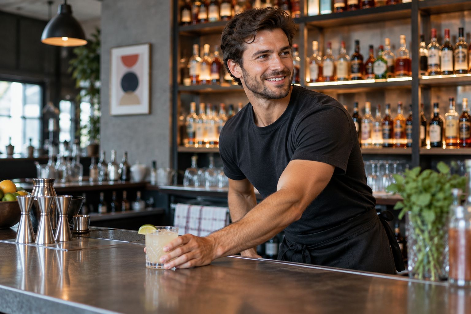 Bartender checking T-shirt movement while reaching across a counter in an apron