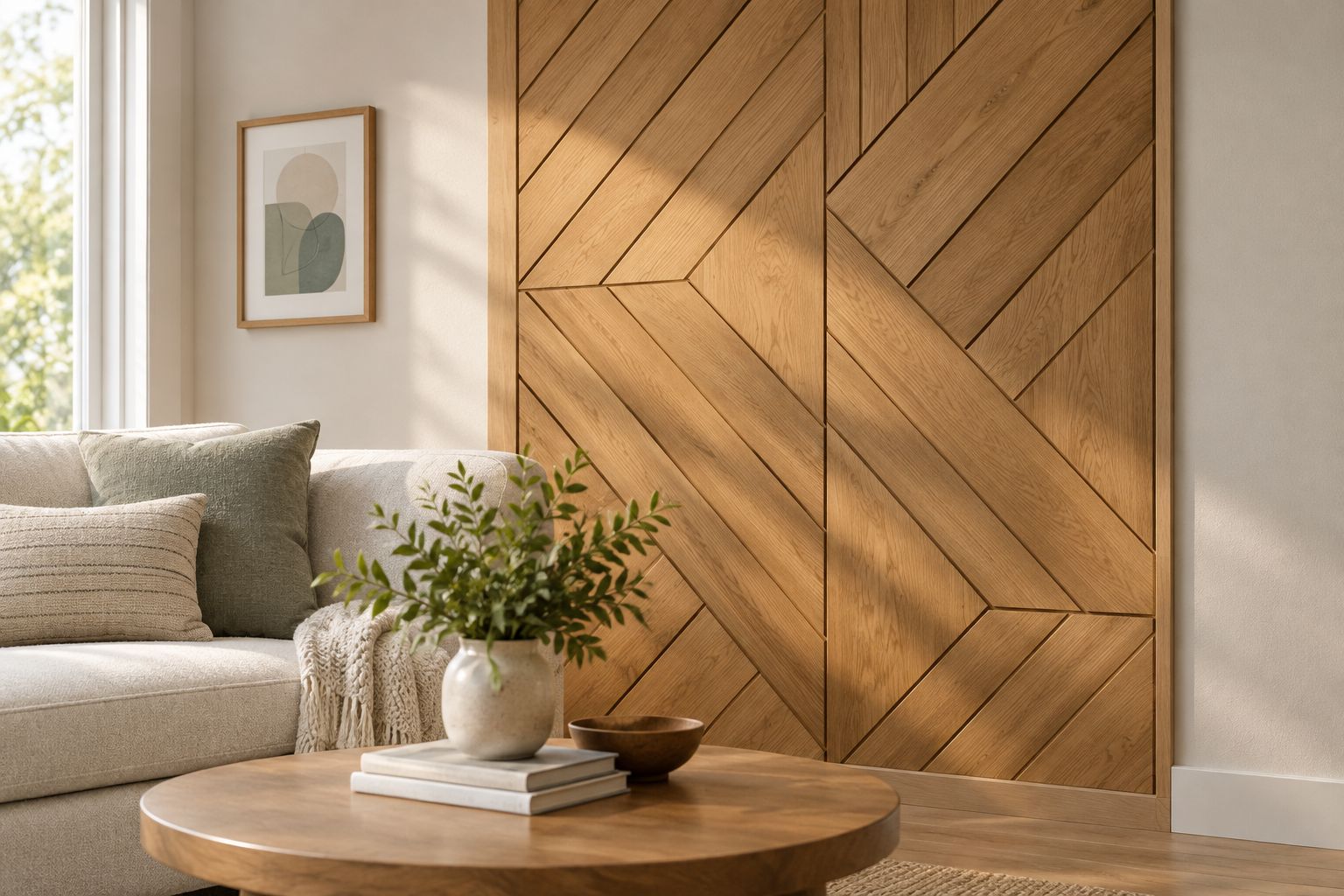 Side lighting reveals the depth of a geometric wood feature wall beside a plain painted wall.