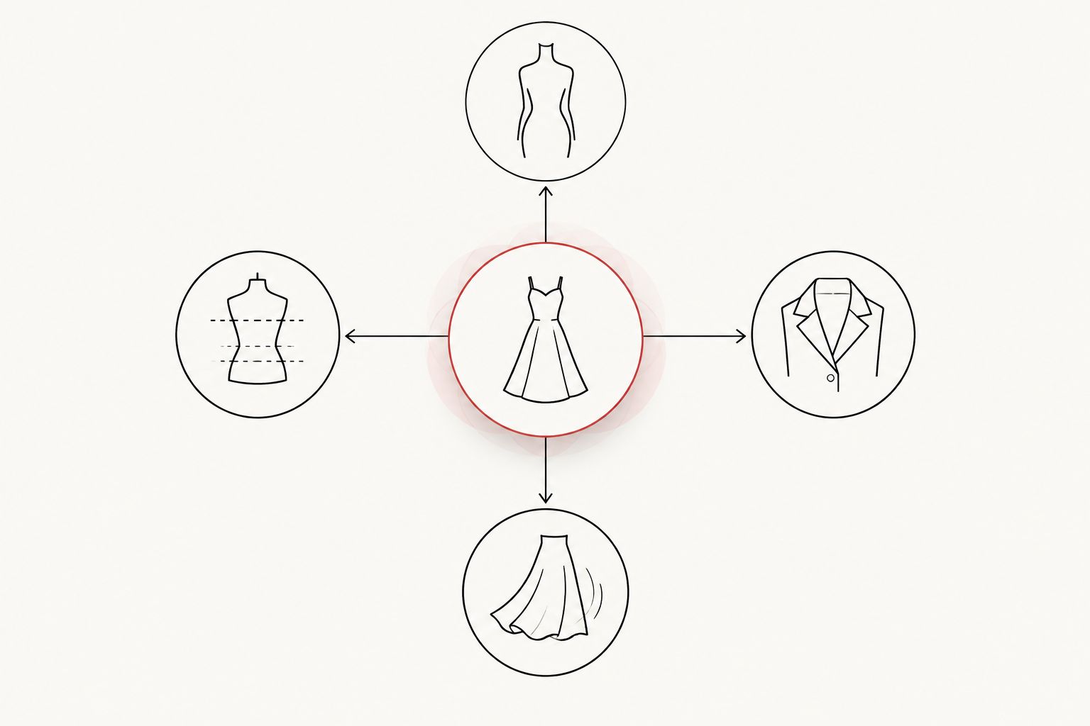 Four connected priorities for a wedding dress brief: silhouette, fit, details, and movement.