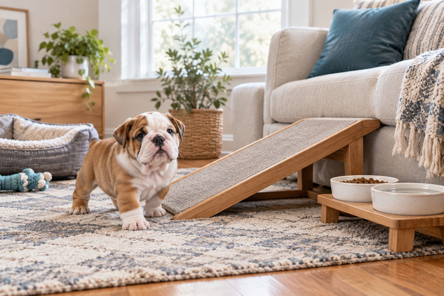 Living room set up with non-slip flooring, a low ramp, and a raised feeding bowl