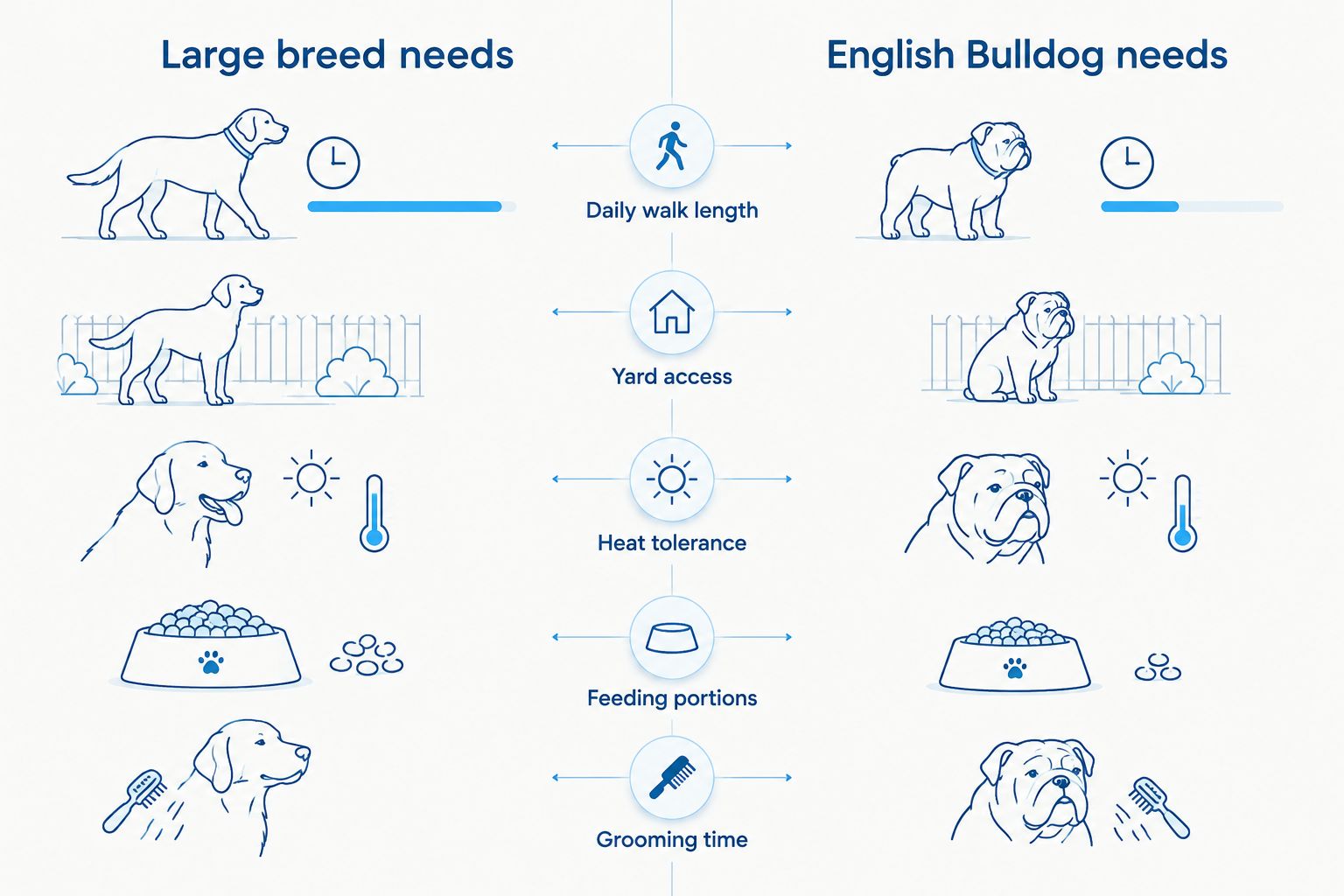 Two-column comparison of large breed care needs versus English Bulldog care needs