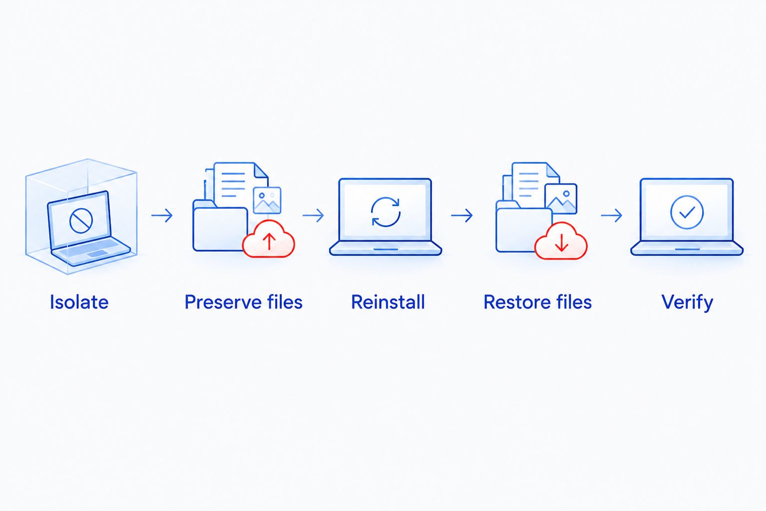 Recovery sequence from isolating an infected computer to verifying the restored system