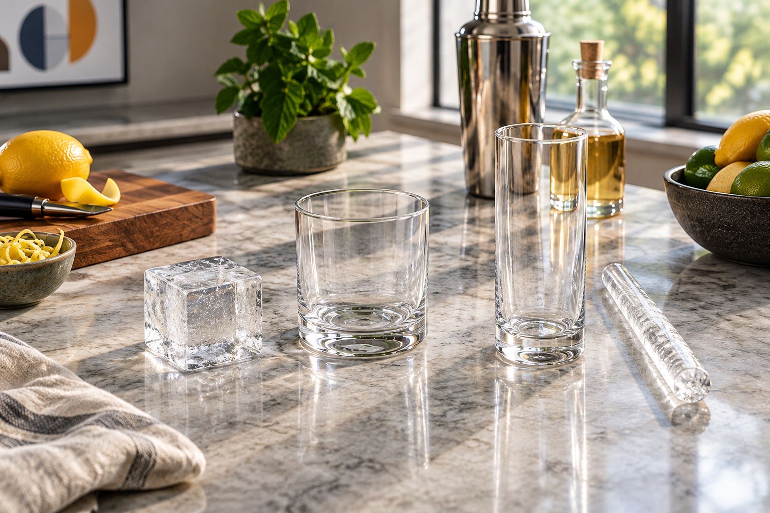 Clear cube and ice spear beside rocks and highball glasses, showing clearance at each opening.
