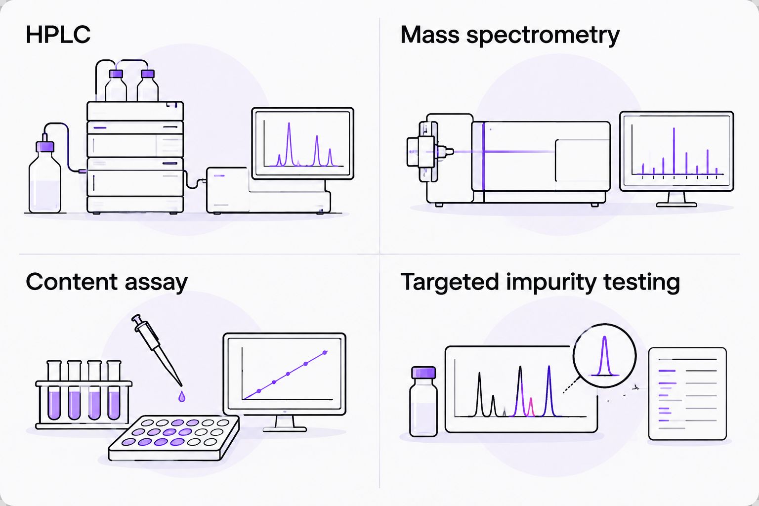 Separate analytical panels for HPLC, mass spectrometry, content assay, and targeted impurity testing