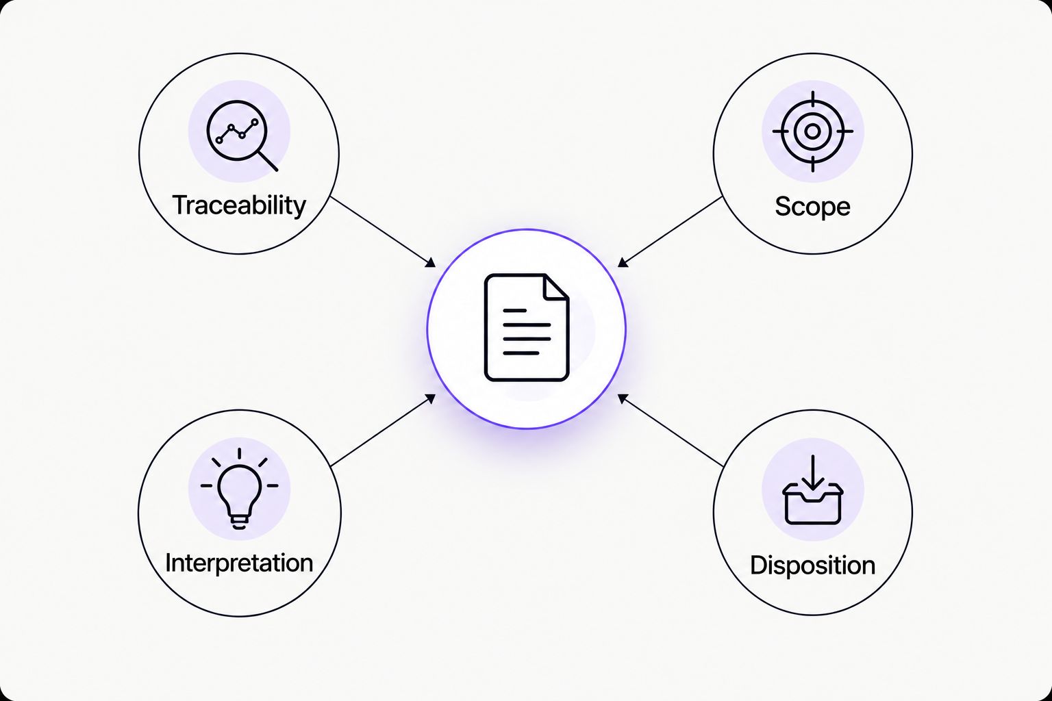 Four report-review criteria: traceability, scope, interpretation, and disposition