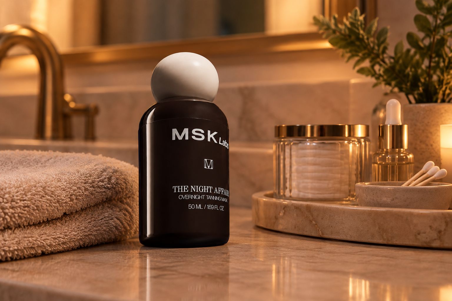 Overnight tanning mask on a bathroom counter as part of a nighttime routine
