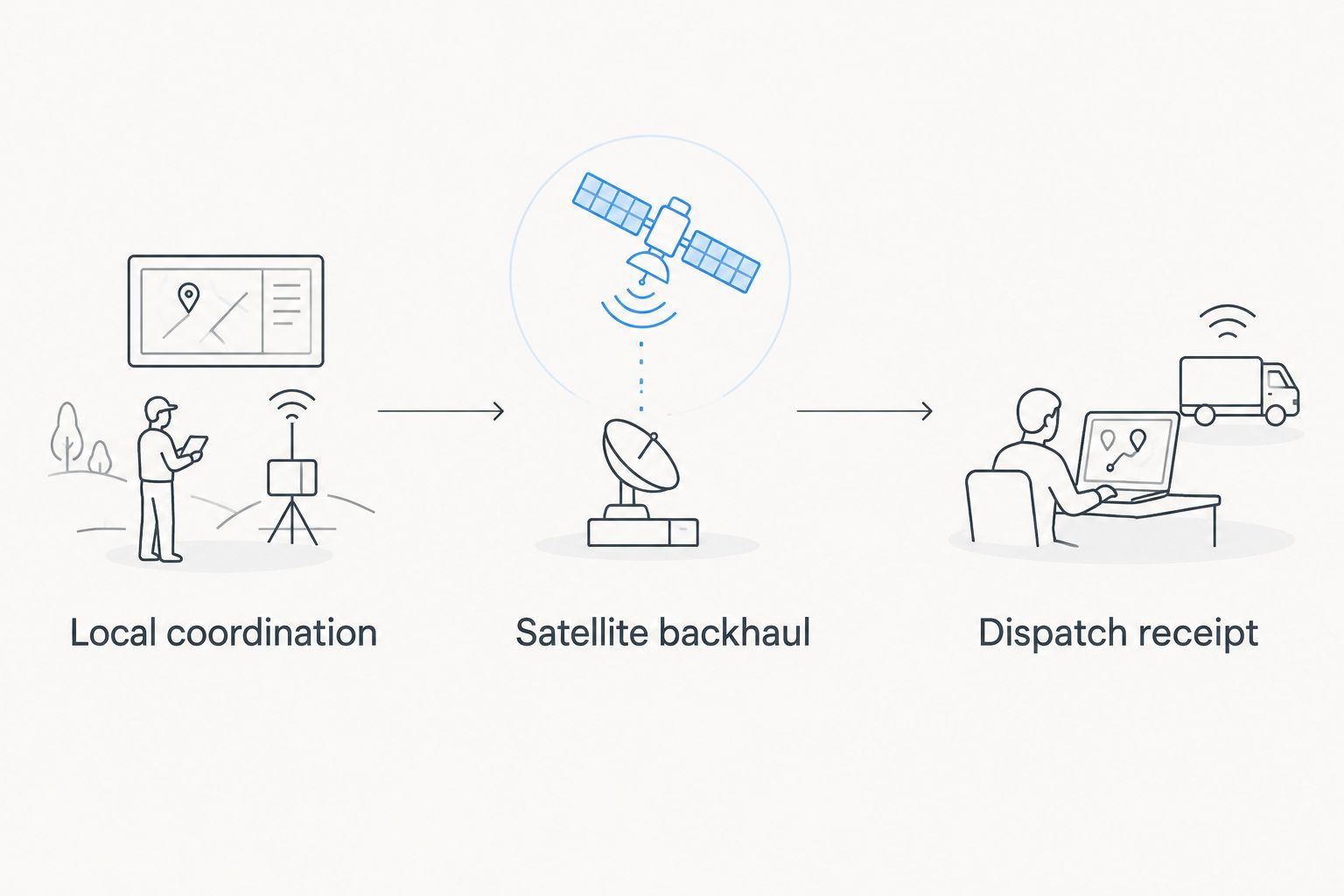 Communication path from local coordination through satellite backhaul to dispatch receipt