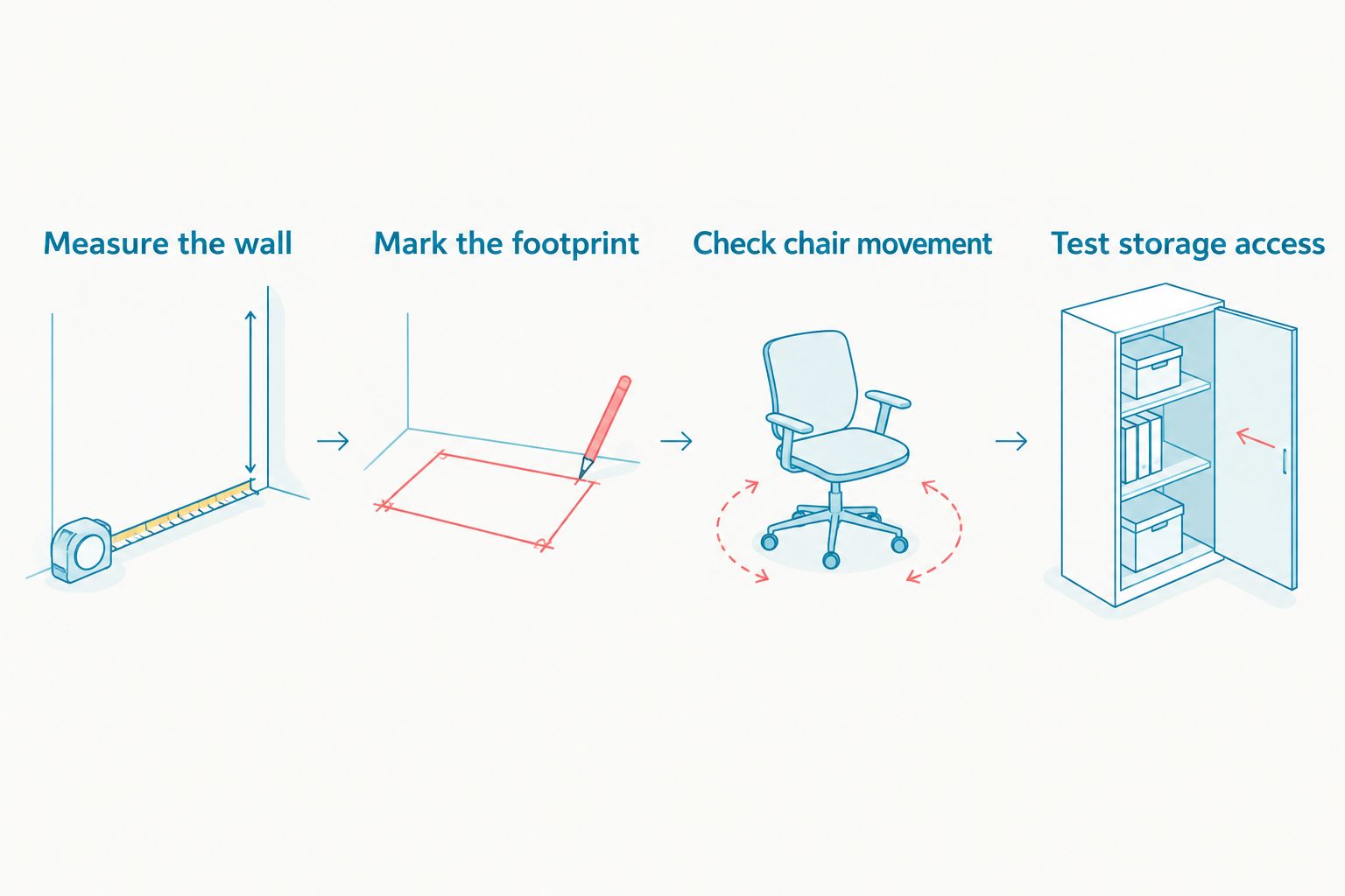 Four checks for fitting a sideboard: wall, footprint, chair movement and storage access