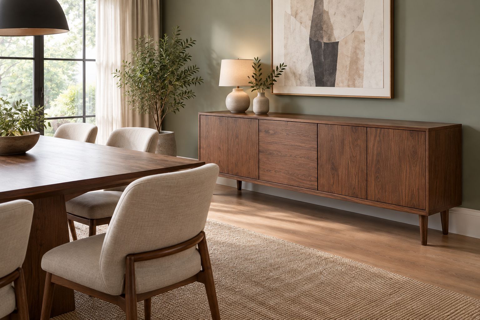 Timber sideboard styled with a vase and lamp while leaving clear space for serving