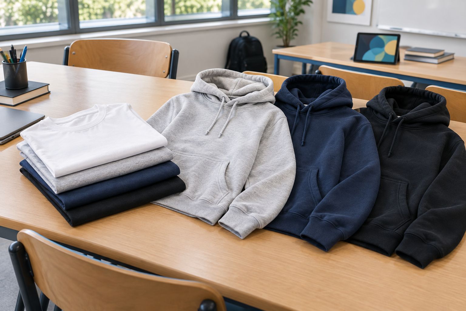 Enfärgade t-shirts och hoodies bredvid varandra inför ett gemensamt plaggval