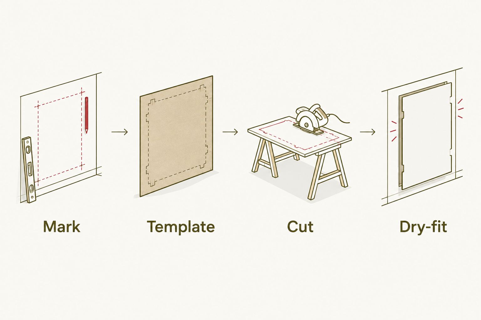 Four stages for positioning plumbing openings: mark, template, cut, and dry-fit