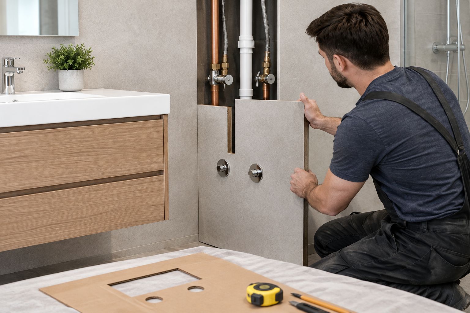 Bathroom vanity panel fitting with supply pipes and shutoff valves left accessible