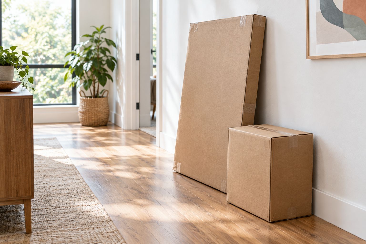Dos cajas de muebles lisas de distintos tamaños en un recibidor luminoso